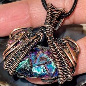 Titanium Agate Drusy in Copper Wire Wrap Pendant 1 1/2”